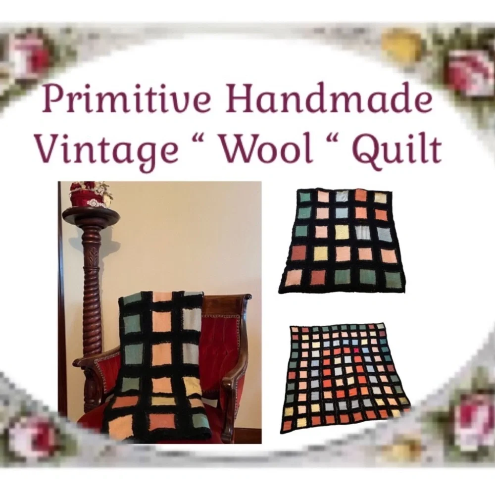 Vintage Hand Crafted Quilt Patchwork Primitive Antique Wool Crochet Knit Afghan